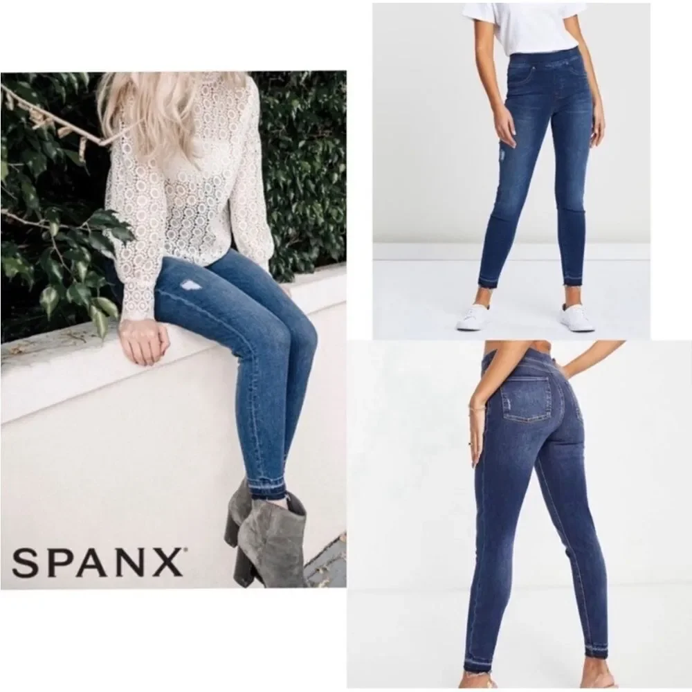SPANX Petite Distressed Released Raw Hem Skinny Jeans in Medium Wash